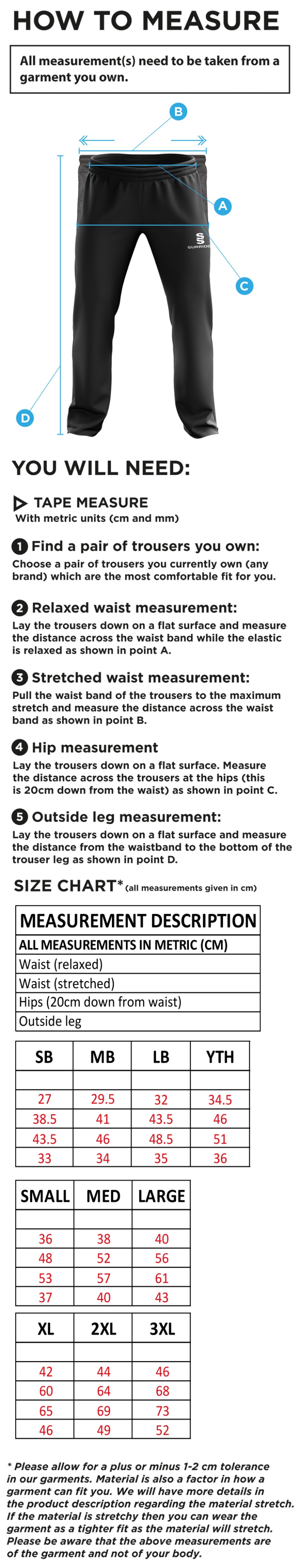 IND-GYMCC Rugby Club - Ripstop Track Pant - Size Guide