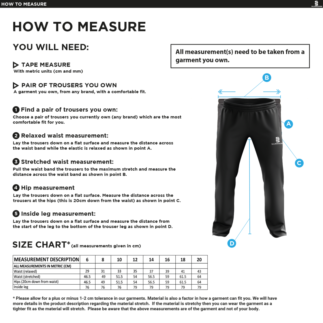 IND-GYMCC Rugby Club - Women's Poplin Track Pant - Size Guide