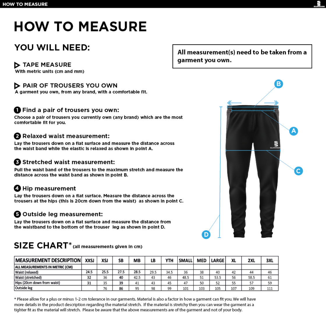 IND-GYMCC Rugby Club - Tek Slim Pant - Size Guide