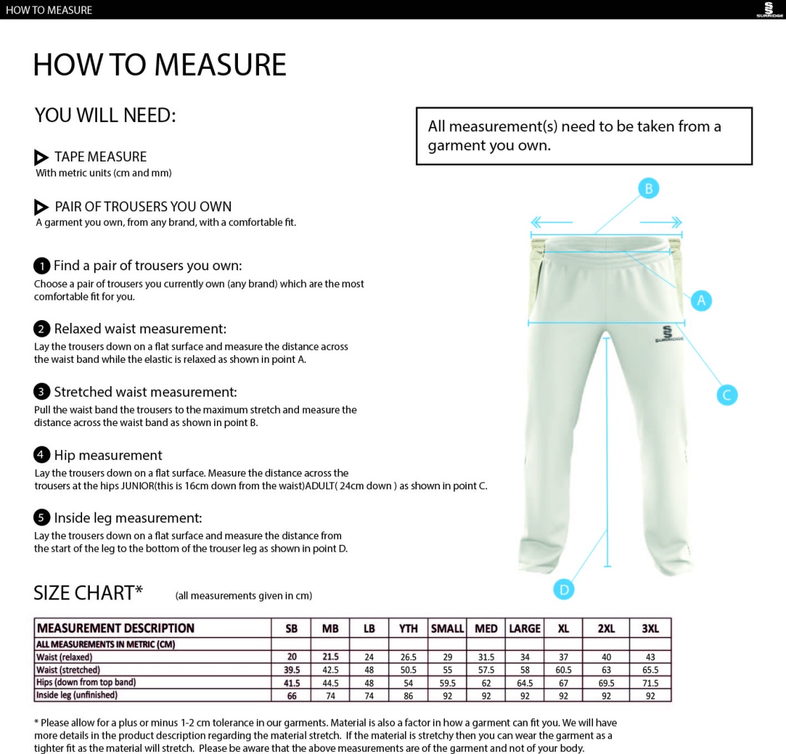 Indian Gymkhana CC - Standard Playing Pant - Size Guide