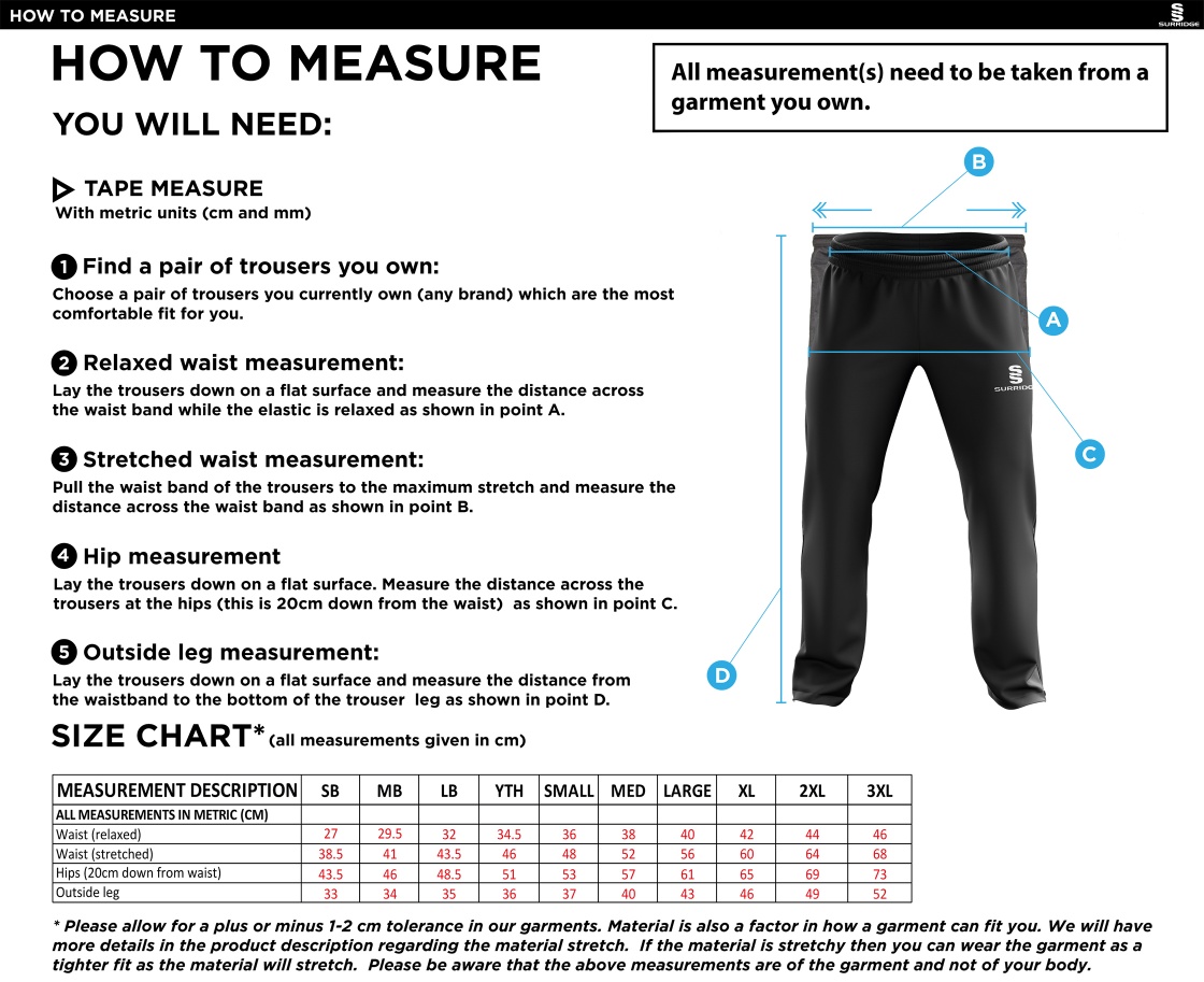 IND-GYMCC Rugby Club - Ripstop Track Pant - Size Guide