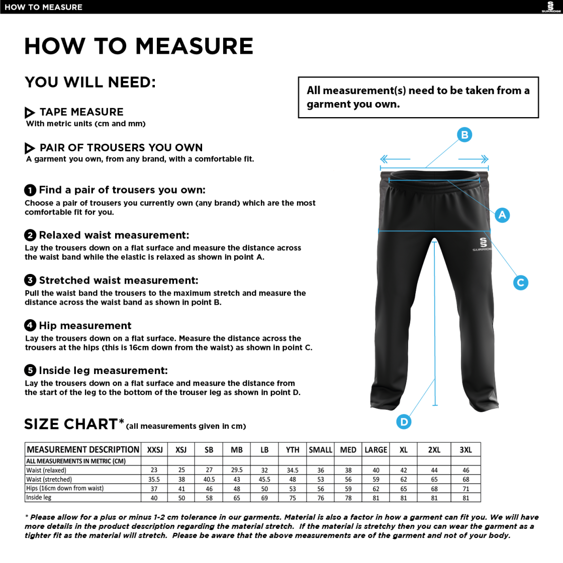 IND-GYMCC Rugby Club - Poplin Track Pant - Size Guide
