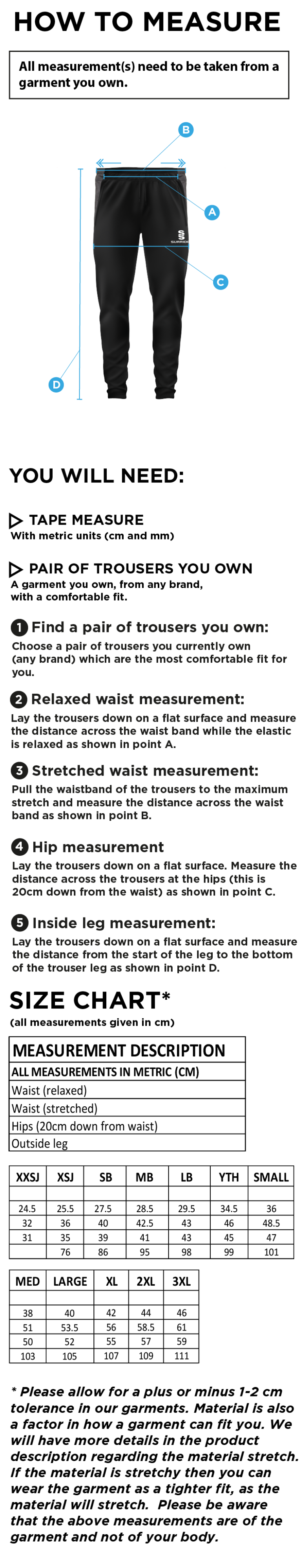IND-GYMCC Rugby Club - Tek Slim Pant - Size Guide