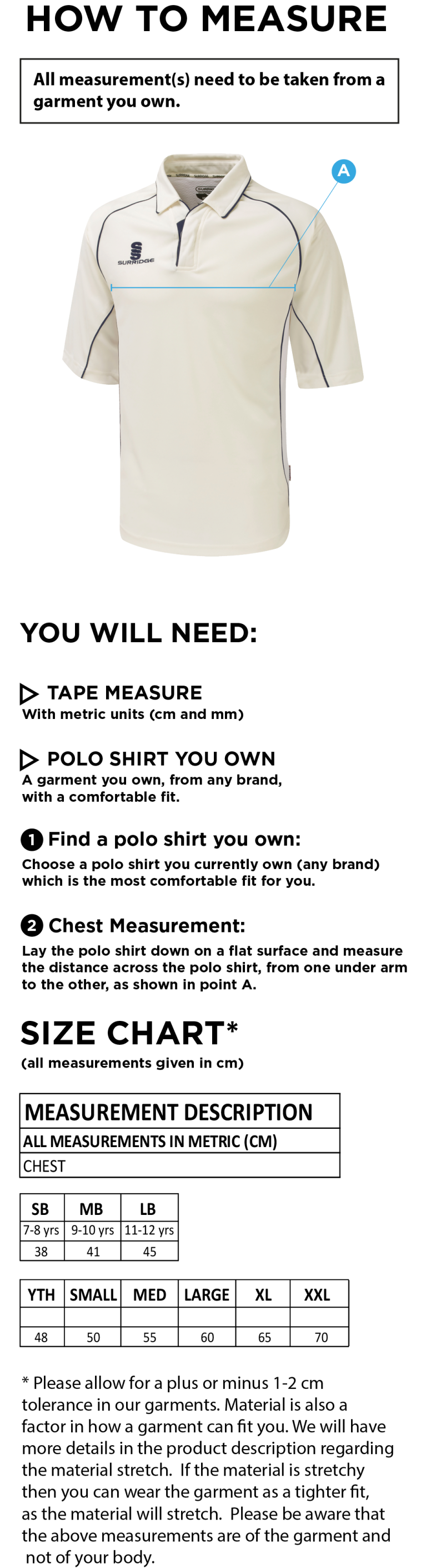 Indian Gymkhana CC - Premier 3/4 Sleeve Green Trim Shirt - Size Guide