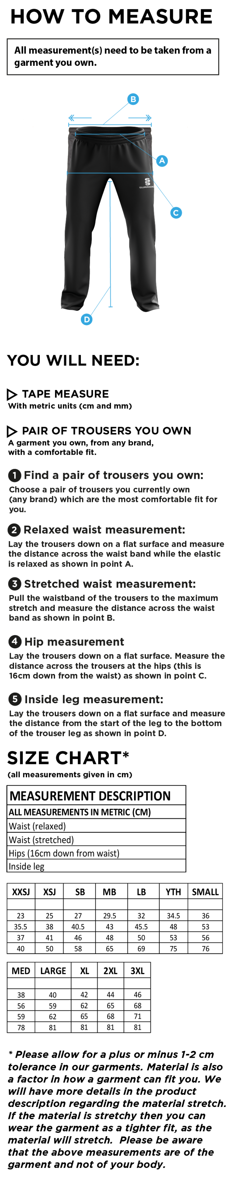 IND-GYMCC Rugby Club - Poplin Track Pant - Size Guide
